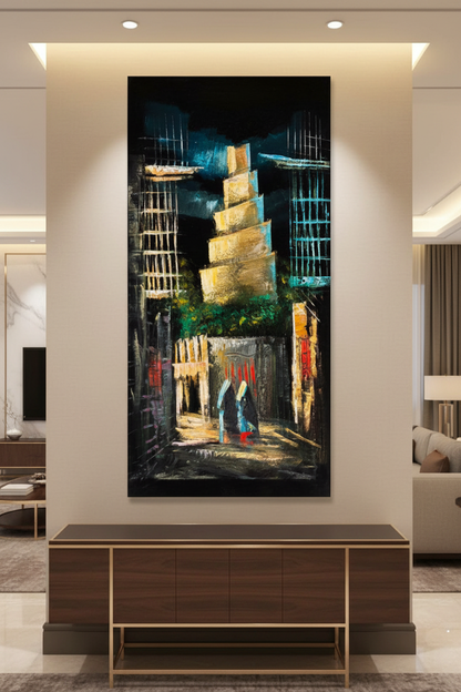 Malwiya Minaret painting displayed in luxury living room area setting
