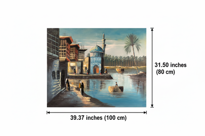 Dimension diagram showing 39.37 inches width and 31.50 inches height for the Riverside Mosque at Dusk original oil painting