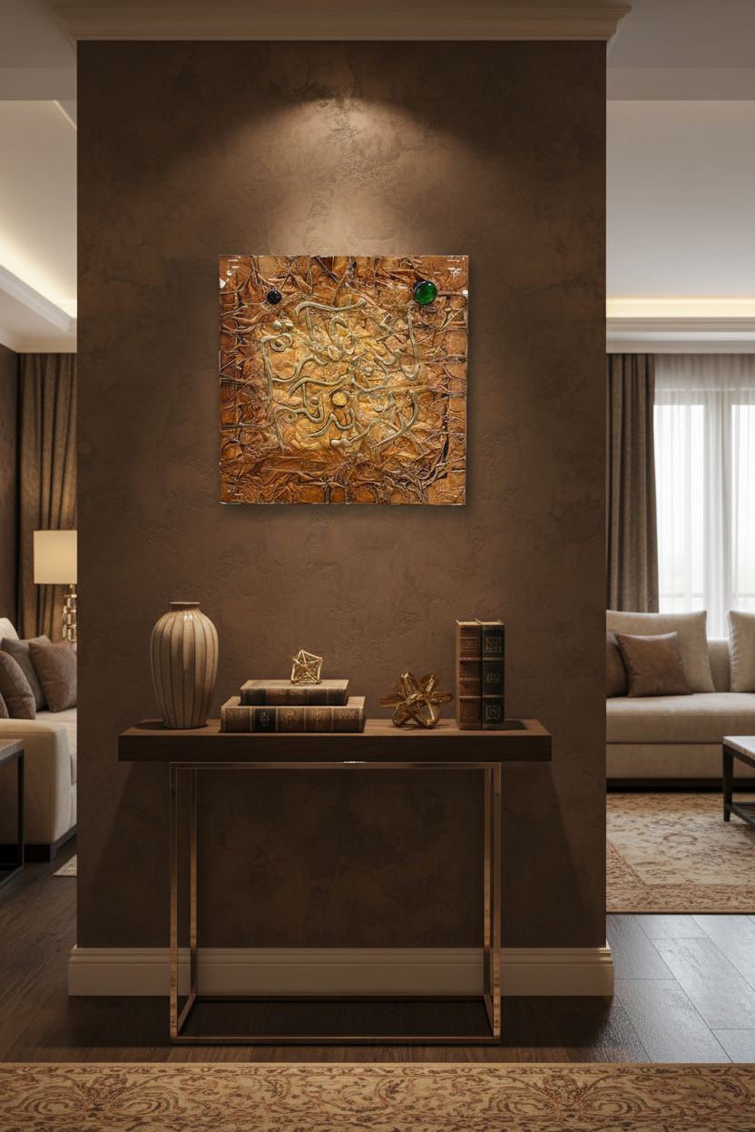 Islamic calligraphy copper gold wall art displayed above console stand in living room