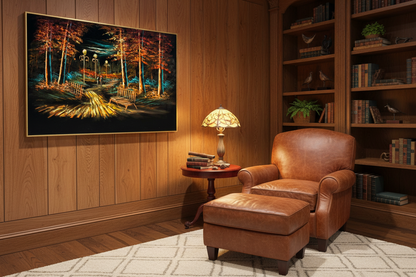 Nocturnal park canvas art in cozy sitting area or study — lifestyle interior mockup