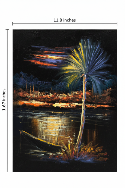 Palm Tree by the River at Night oil painting flat lay with dimensions — 11.8 inches wide by 15.7 inches tall, 30x40cm portrait canvas