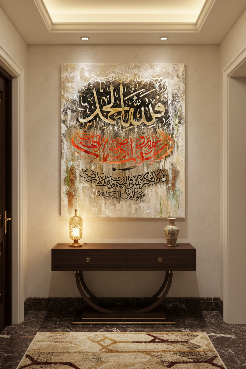 Frameless Arabic calligraphy canvas art displayed in elegant hallway