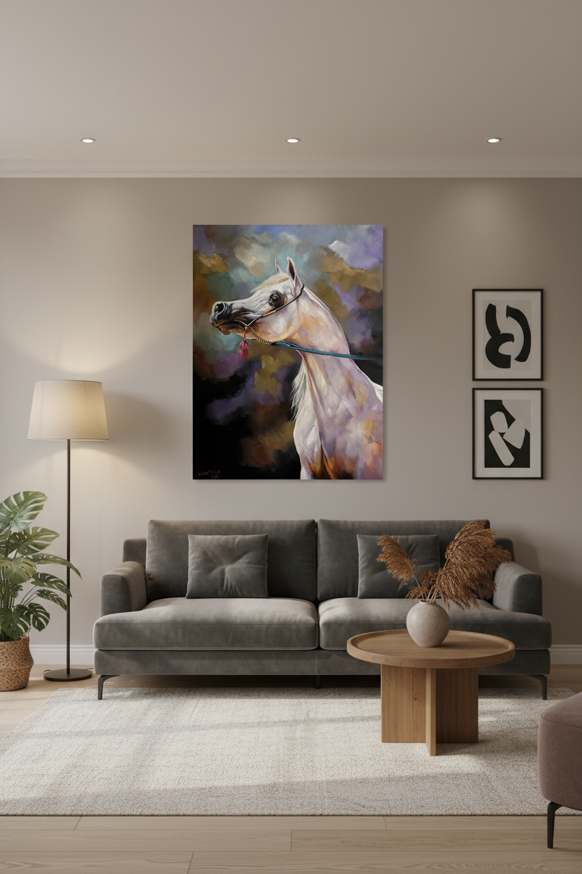 Grey Arabian horse gold halter large canvas art displayed in elegant living room lifestyle photo