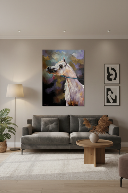 Grey Arabian horse gold halter large canvas art displayed in elegant living room lifestyle photo