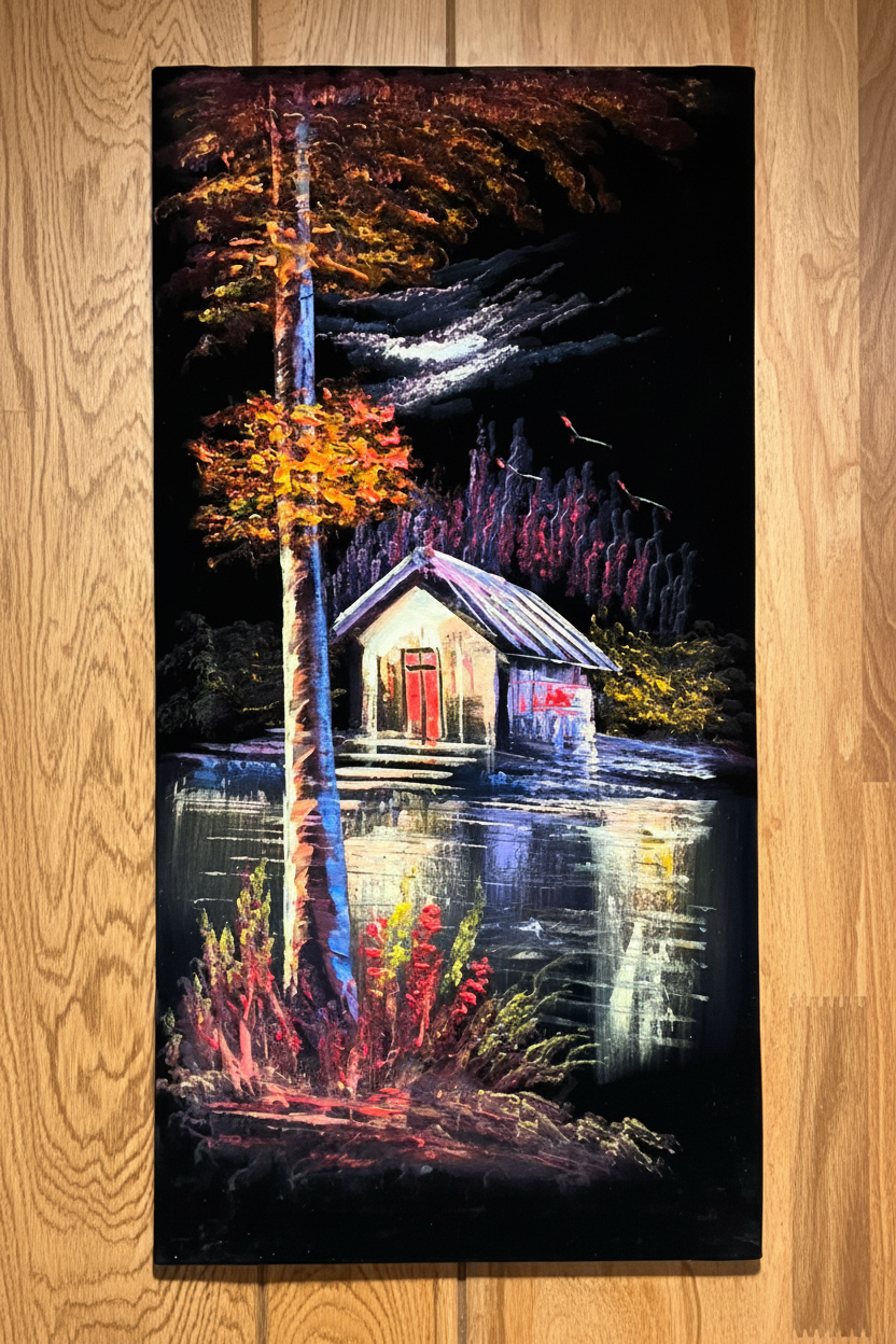 Lakeside cabin painting displayed on dark walnut wood panel wall