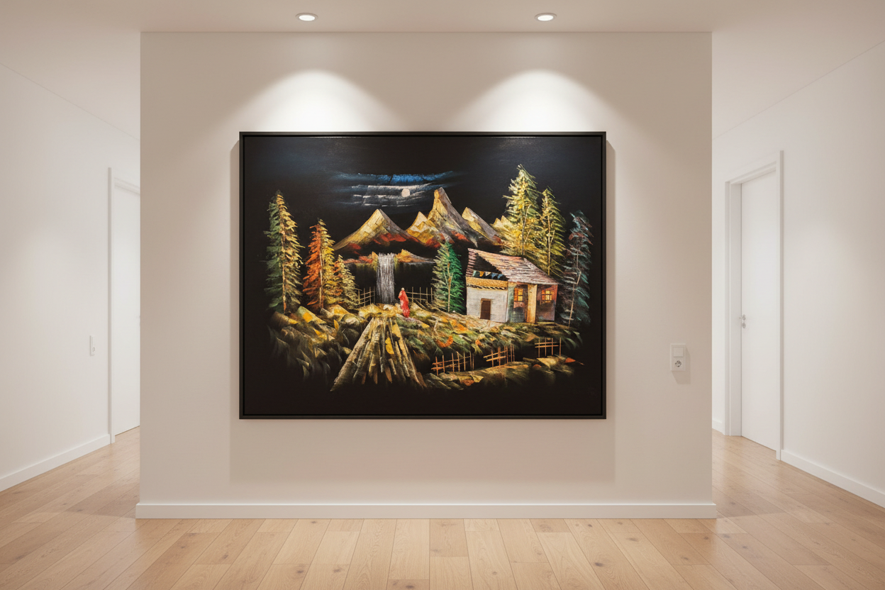 Moonlit Mountain Retreat oil painting displayed in an elegant hallway — 39.4 x 31.5 inch canvas wall art