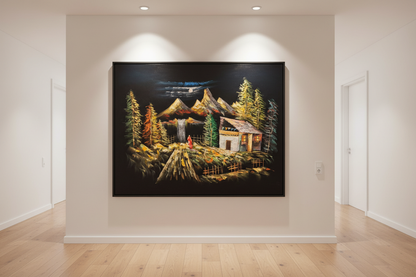 Moonlit Mountain Retreat oil painting displayed in an elegant hallway — 39.4 x 31.5 inch canvas wall art