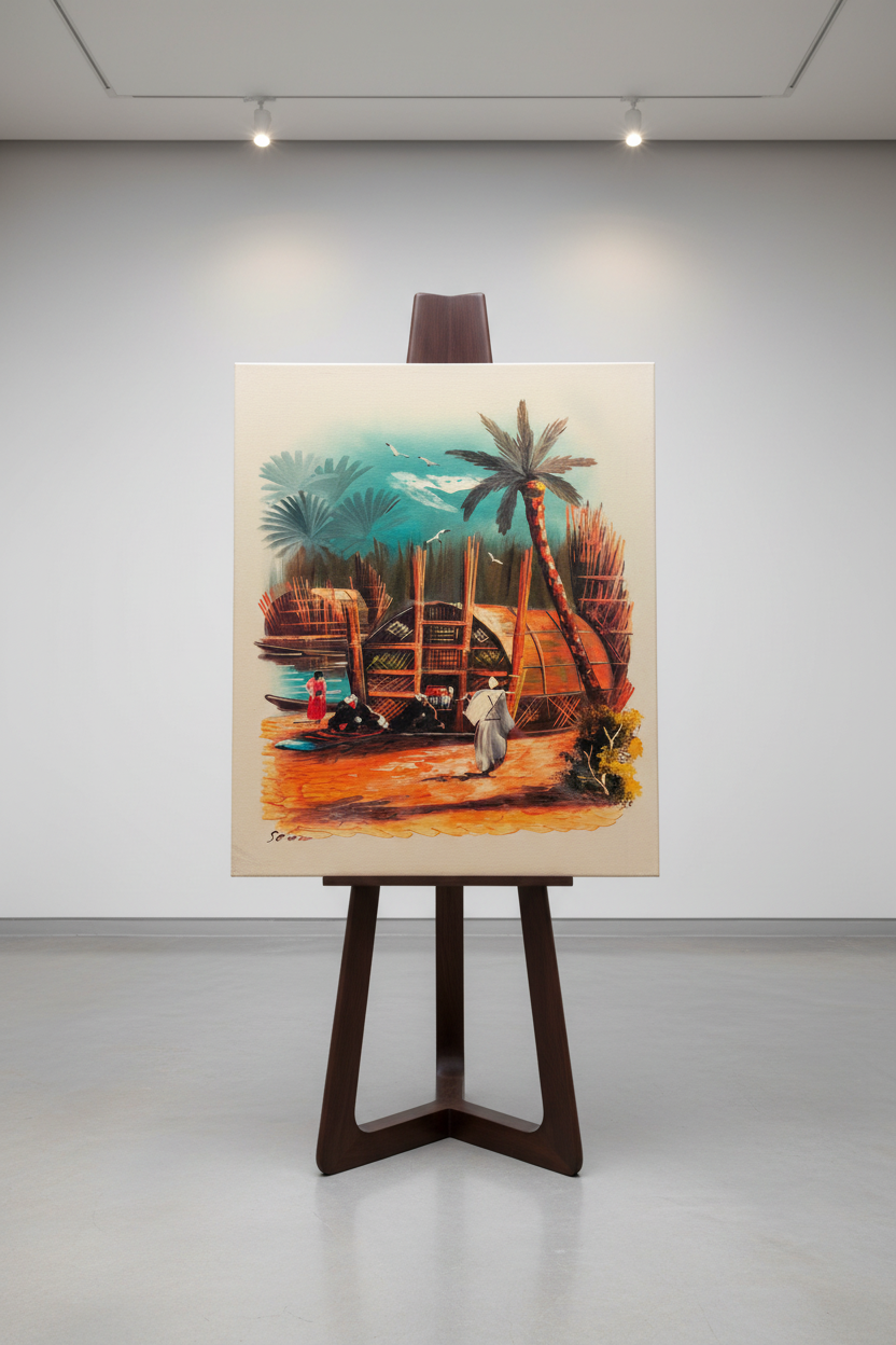 Tropical village oil painting displayed on a luxury wooden gallery easel stand