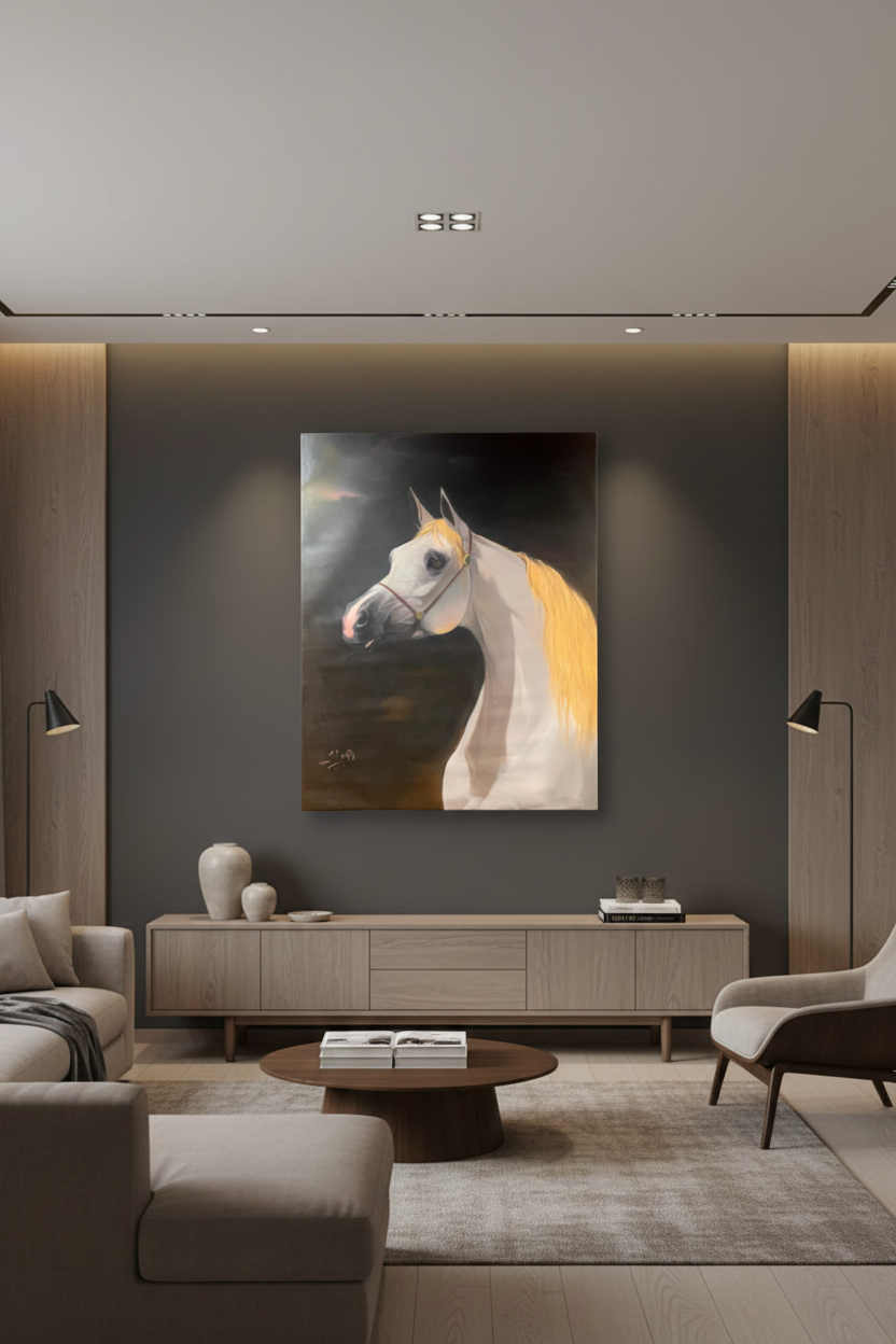 Ethereal white Arabian horse portrait large canvas art displayed in elegant living room lifestyle photo