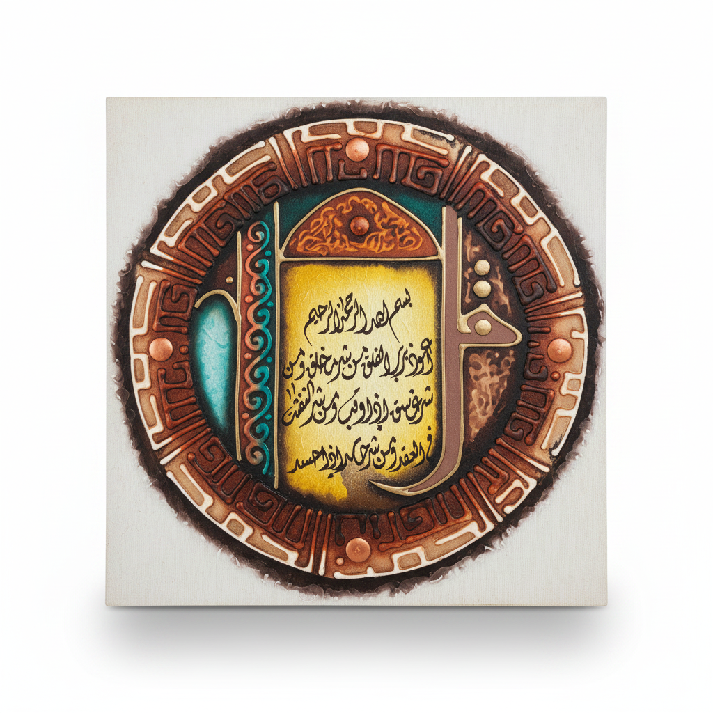 Surah Al-Falaq circular mandala canvas on white background with shadow