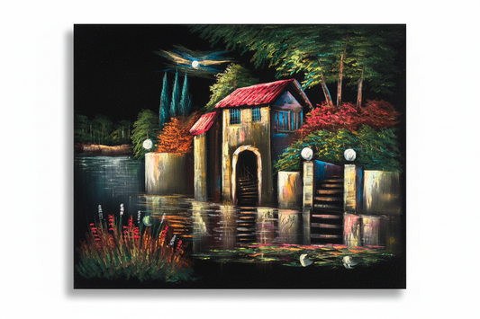 Moonlit Waterside Cottage original oil painting on white background with shadow — 39.4 x 31.5 inches canvas art