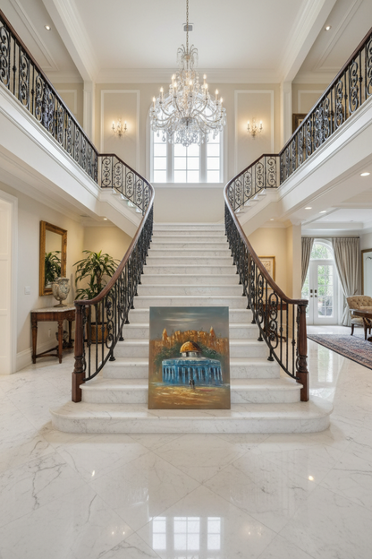 Al-Aqsa Mosque and Dome of the Rock oil painting leaning near marble staircase in an elegant luxury home