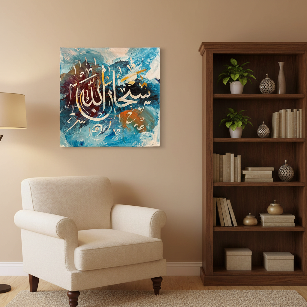 SubhanAllah ocean teal blue square canvas art displayed in a cozy living room corner, no frame