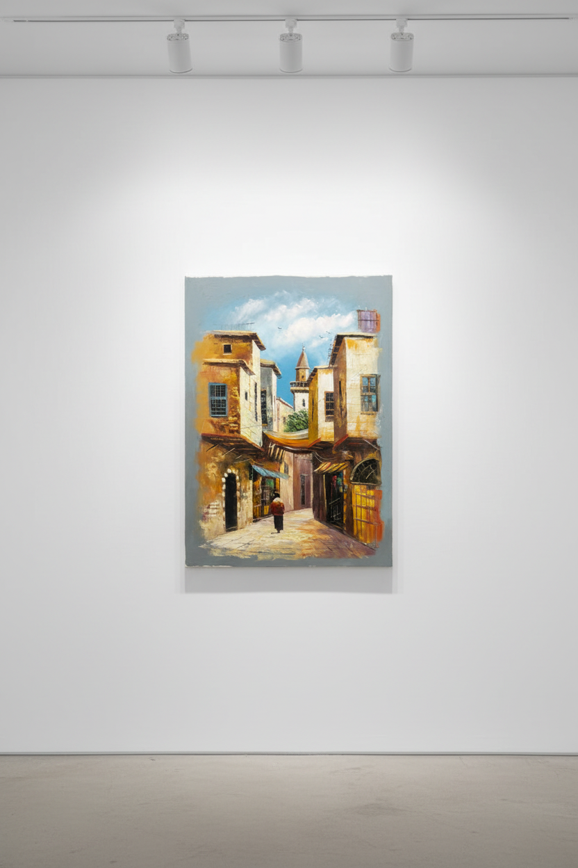 Yafa original oil painting displayed on a clean gallery exhibition wall with track lighting, no frame