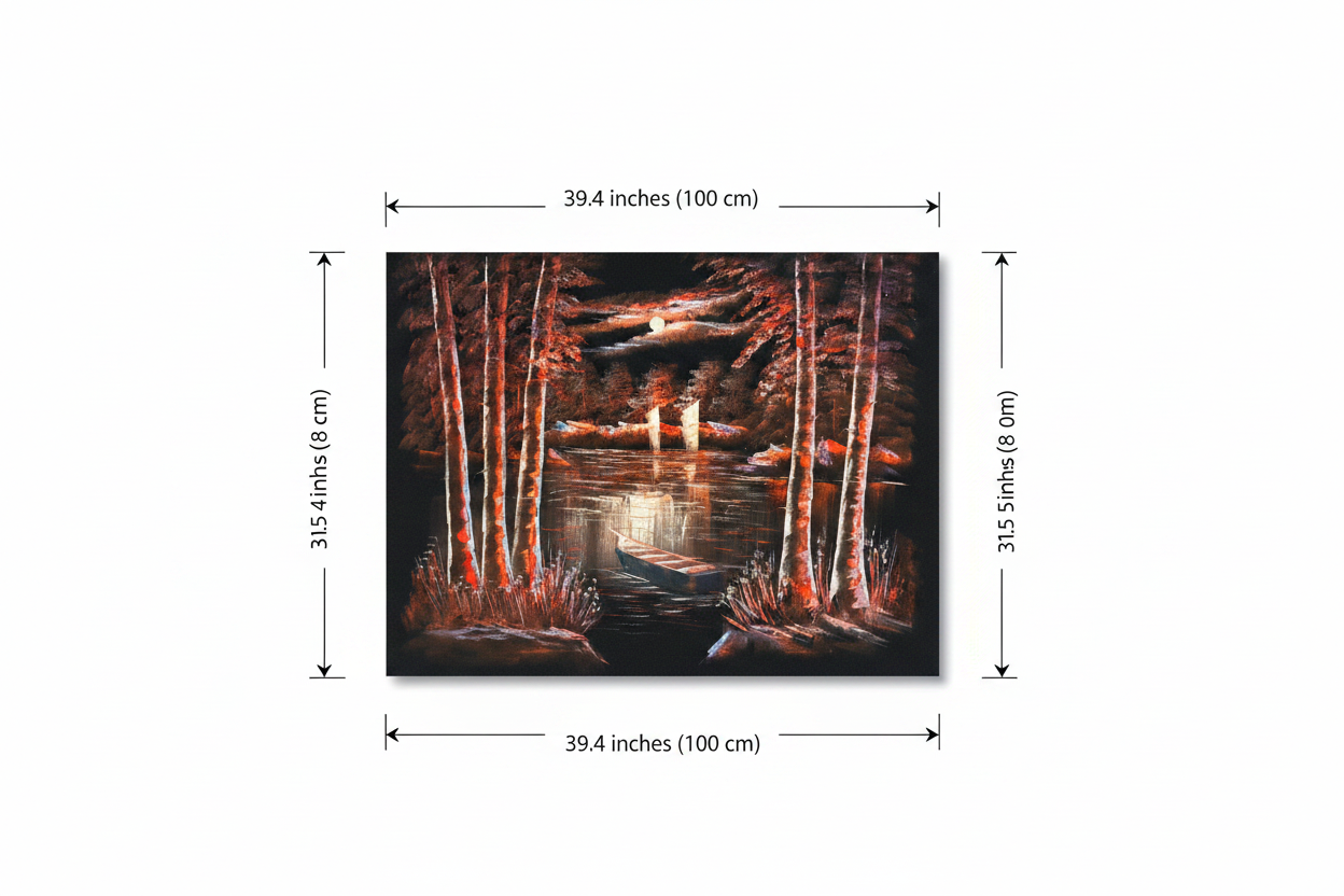 Dimension diagram for Moonlit Autumn Lake oil painting — 39.4 inches wide by 31.5 inches tall (100cm x 80cm)