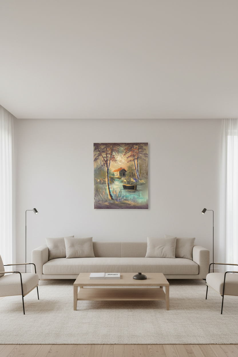 Lakeside cabin twilight oil painting mounted on empty wall in a modern luxury living room