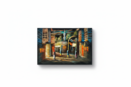 Middle Eastern old city street canvas art on white background with shadow — clean product view