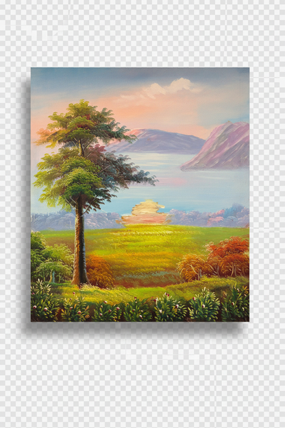 Golden meadow at dusk oil painting isolated on transparent background with natural drop shadow