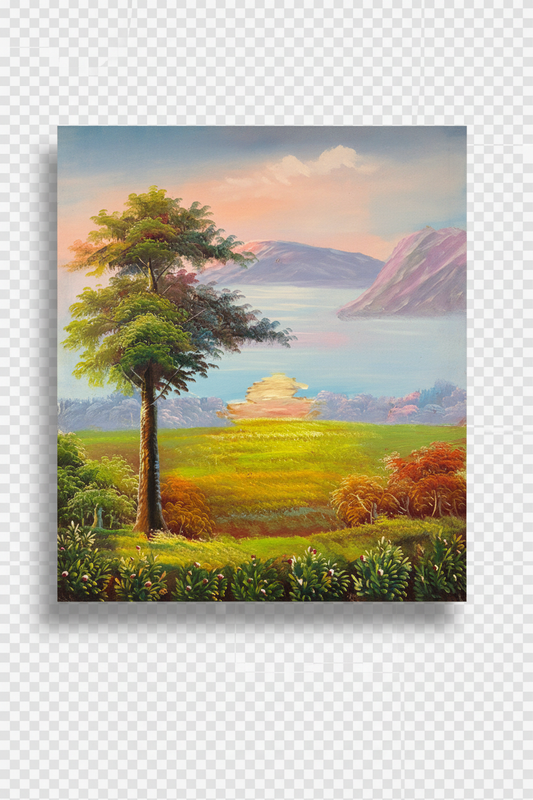 Golden meadow at dusk oil painting isolated on transparent background with natural drop shadow