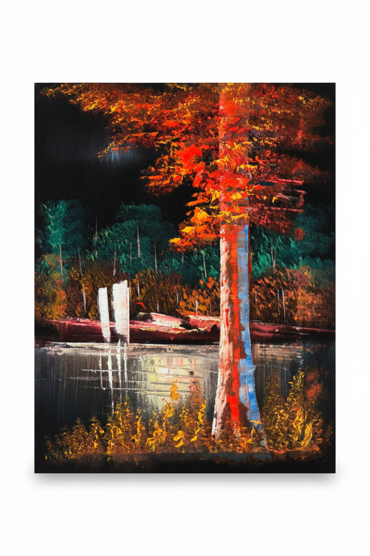 Autumn Forest by the River oil painting isolated on pure white background — clean studio product shot, no frame, portrait canvas