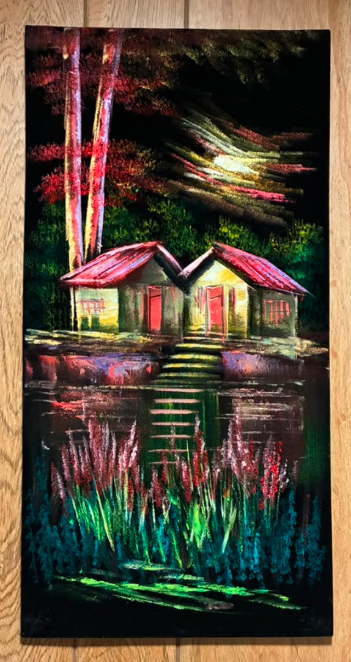 Twin Red Roof Cabins by the Lake at Night — Original Oil Painting on Canvas | 11.81" × 23.62"