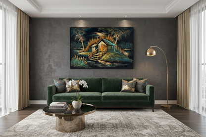 Riverside cabin canvas art displayed in elegant luxury living room — lifestyle interior mockup