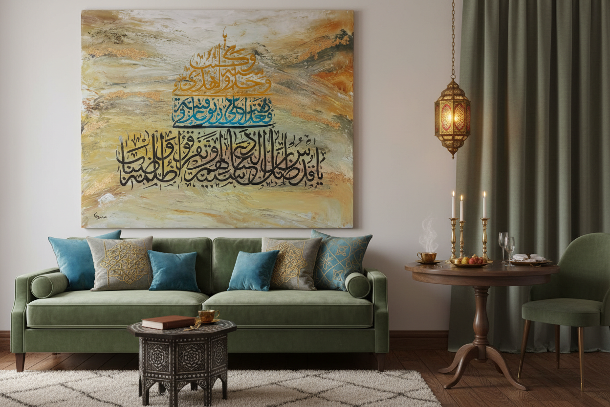 Arabic calligraphy canvas art displayed in sophisticated dining area
