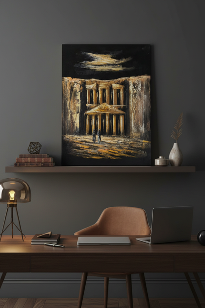 Petra Treasury night canvas art propped on desk shelf in sophisticated home office study lifestyle photo