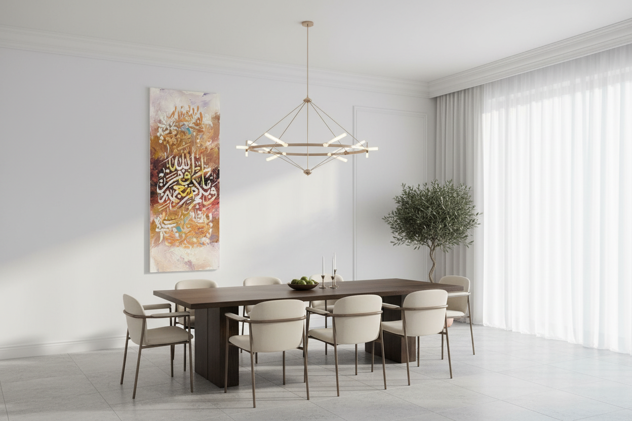 Subhanallah Wa Bihamdihi Islamic calligraphy canvas wall art in a spacious open area showing scale, no frame