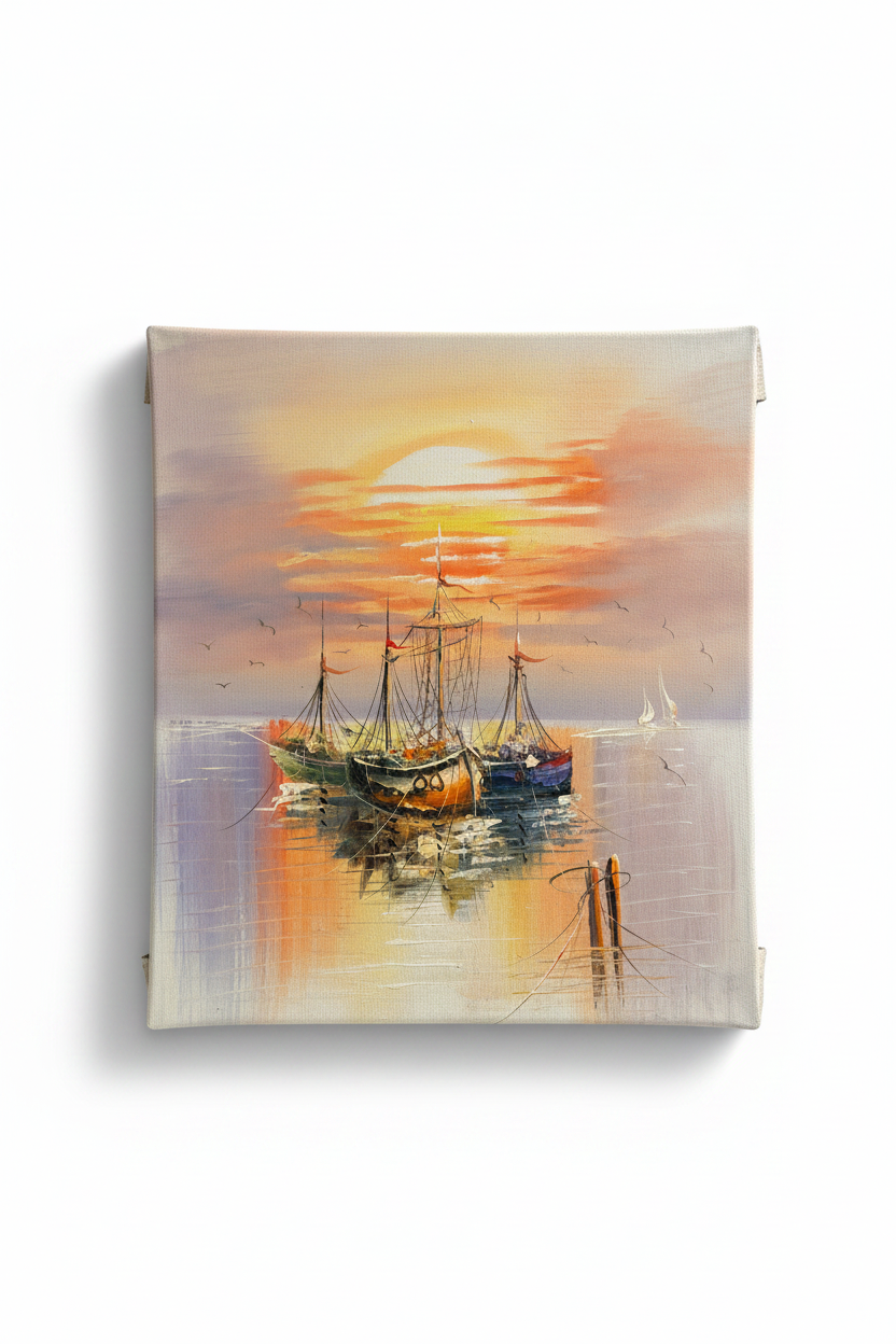 Sailing boats sunset oil painting isolated on white background with drop shadow, no frame, raw canvas edges