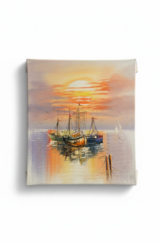 Sailing boats sunset oil painting isolated on white background with drop shadow, no frame, raw canvas edges