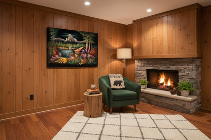 Alpine cabin mountain lake canvas art in cozy bedroom or sitting area — lifestyle interior mockup