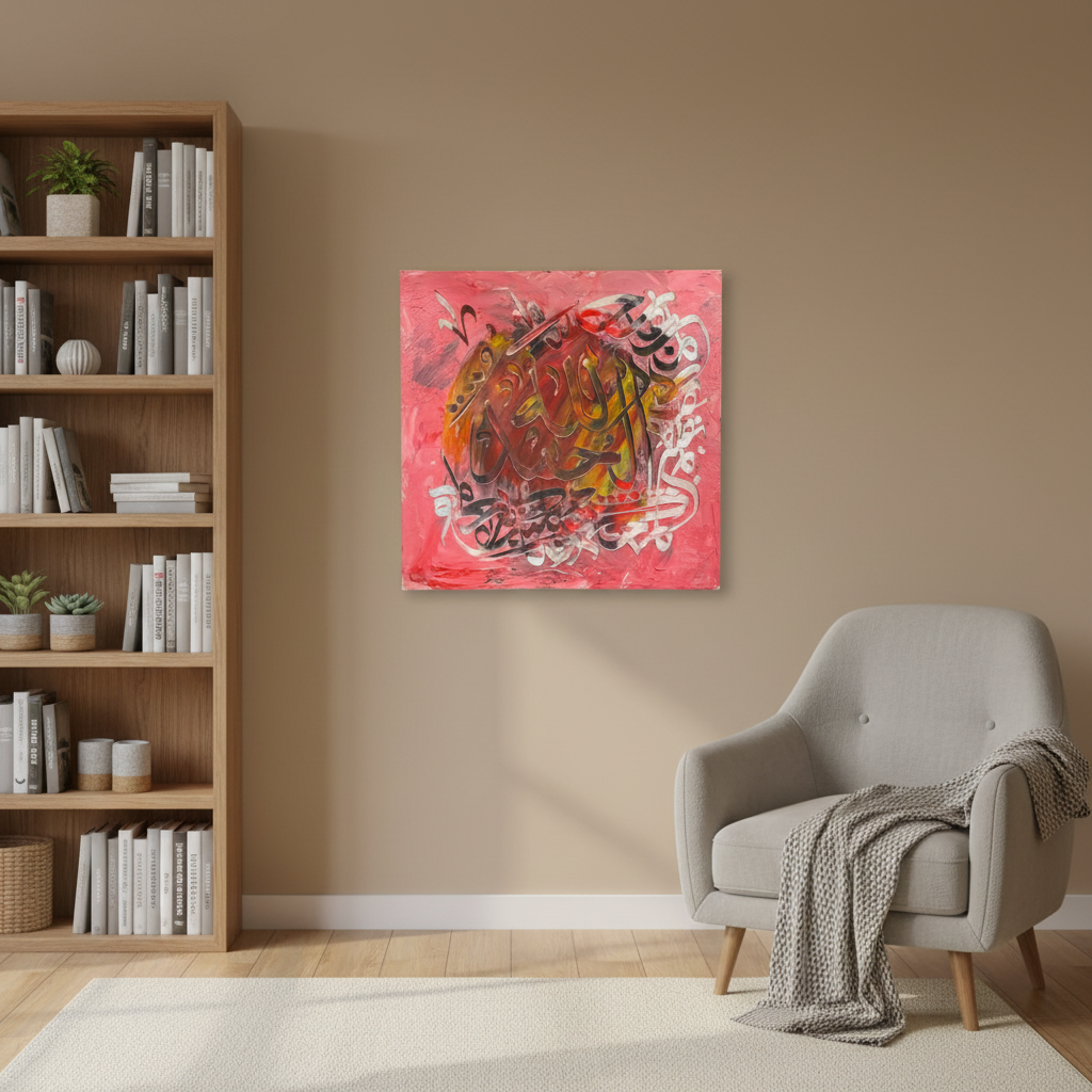 Allah rose pink square canvas art displayed in a cozy living room corner, no frame
