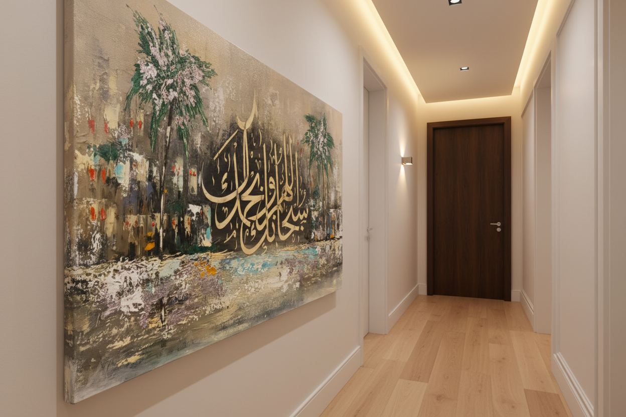 Subhanallahi Wa Bihamdihi canvas displayed in an elegant hallway