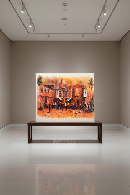 Middle Eastern bazaar oil painting displayed on a luxury wooden gallery stand