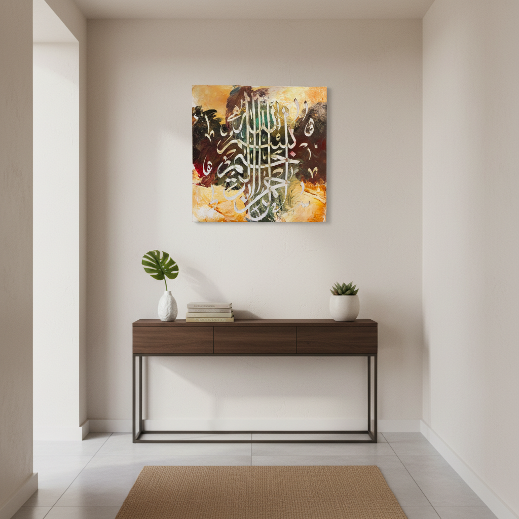 Bismillah forest green amber square canvas art displayed in a modern hallway, no frame