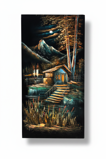 Original oil painting on white background with shadow – moonlit mountain lakehouse nocturnal scene
