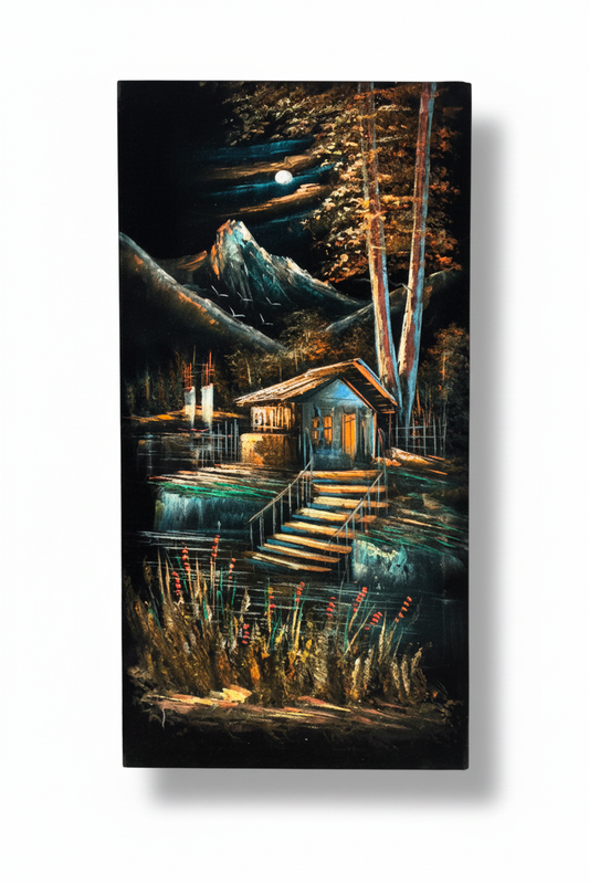 Original oil painting on white background with shadow – moonlit mountain lakehouse nocturnal scene