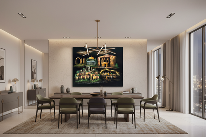Four Wonders of the Holy Land oil painting displayed in a spacious open-plan dining area — 39.4 x 31.5 inch canvas wall art