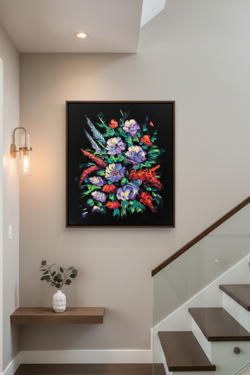 Vibrant floral bouquet impasto canvas art staged on a modern home stairway wall