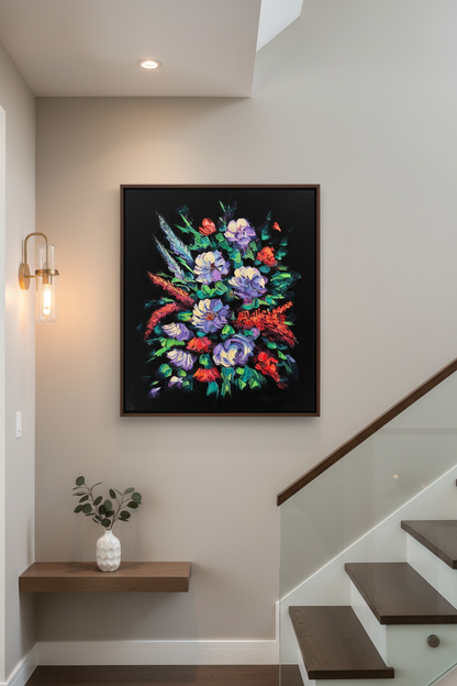 Vibrant floral bouquet impasto canvas art staged on a modern home stairway wall