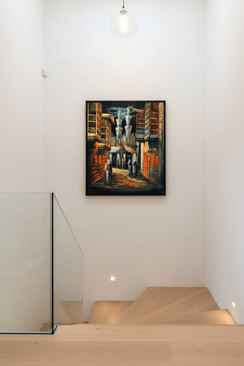 Middle Eastern old city alleyway night scene canvas art staged on a modern home stairway wall