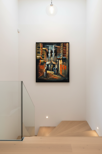 Middle Eastern old city alleyway night scene canvas art staged on a modern home stairway wall