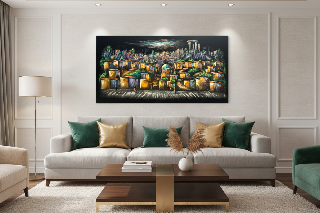 Terraced hillside city night scene canvas wall art displayed in modern living room above sofa
