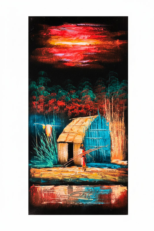 Tropical Village painting white background exact dimensions 11.81x23.62 inches