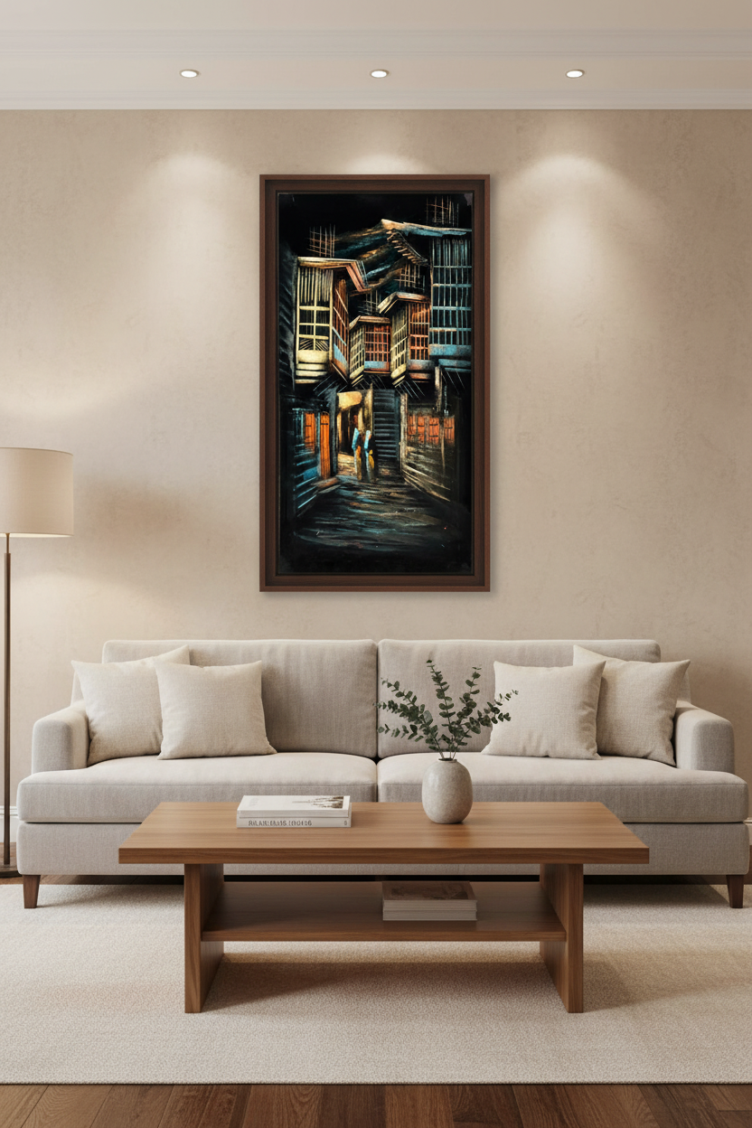 Heritage stairway painting displayed as statement piece in luxury living room