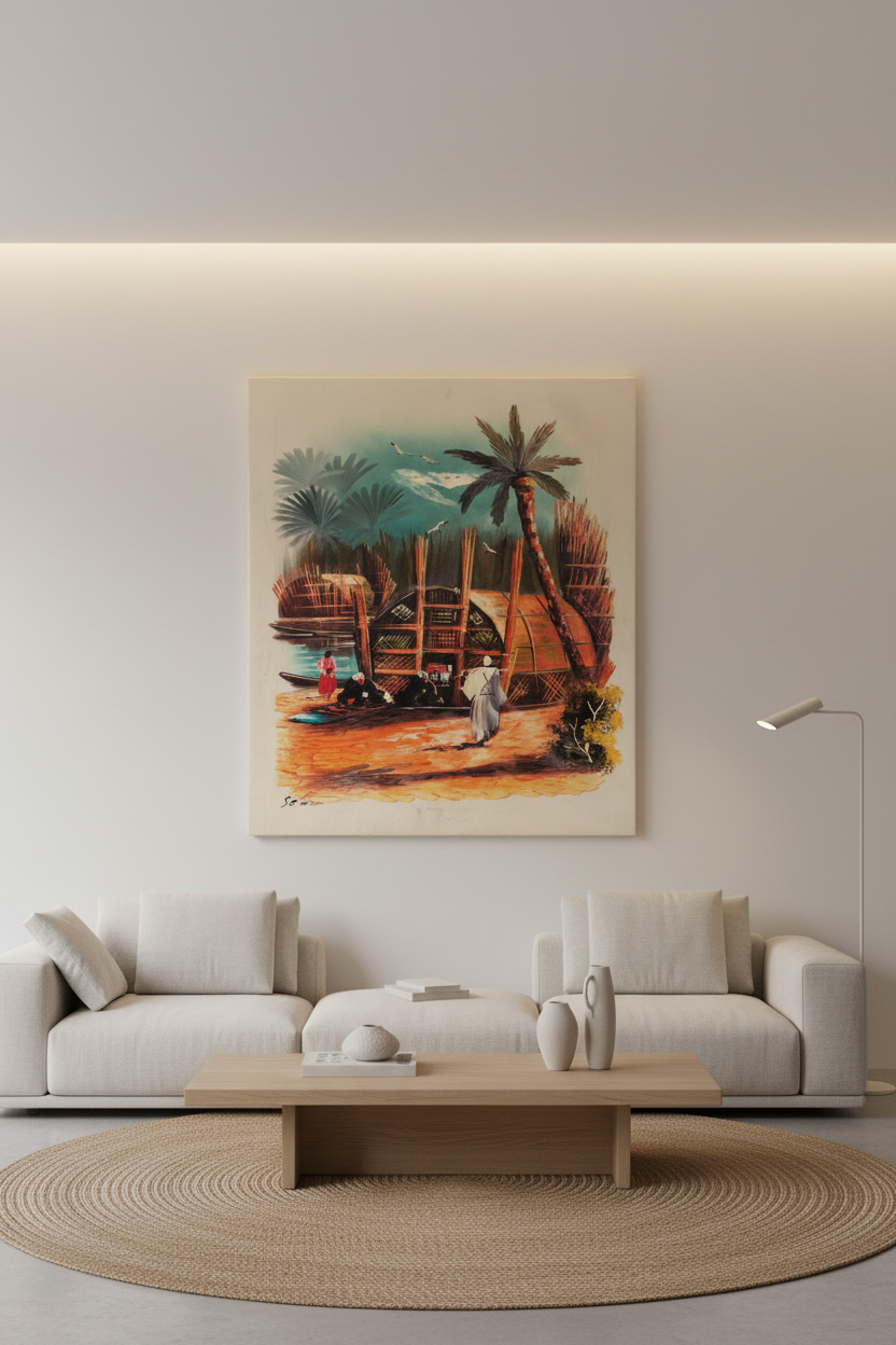 Tropical village oil painting mounted on empty wall in a modern luxury living room