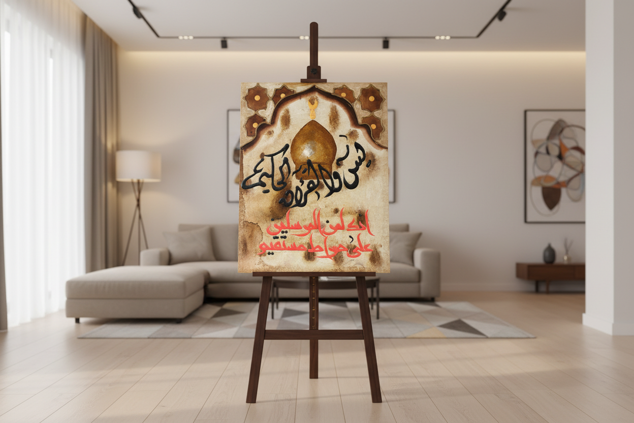 Huwa Al-Karim Ala Siratin Mustaqeem mosque dome calligraphy panel displayed on easel stand in modern living room