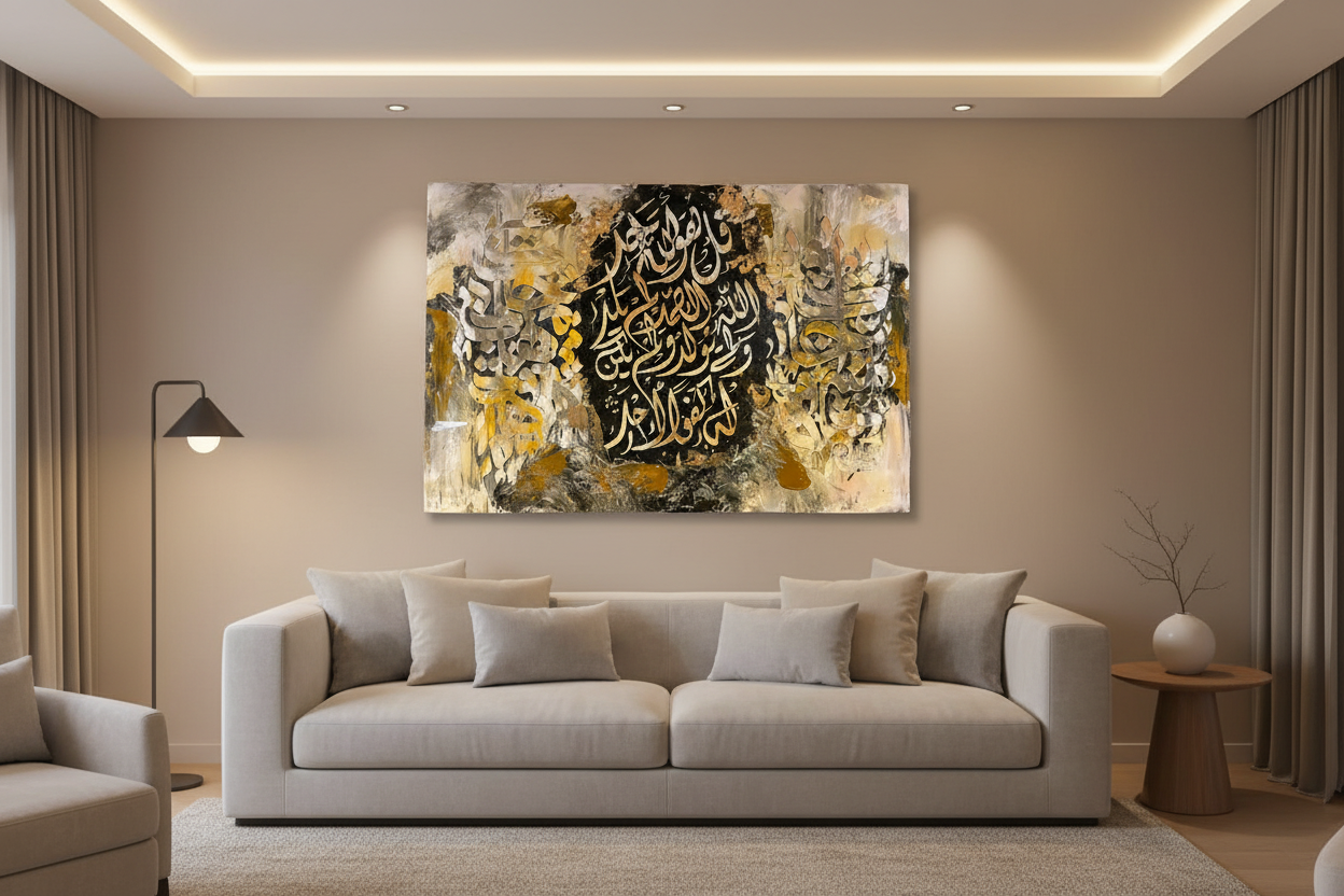 Surah Al-Ikhlas gold silver calligraphy canvas displayed in a modern living room above a sofa, no frame