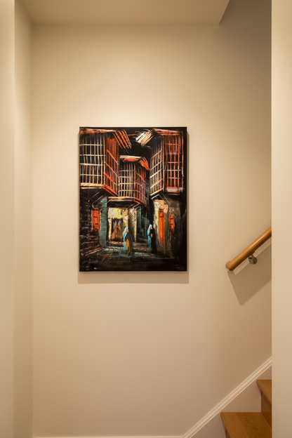 Two Figures in the Old Quarter oil painting on cream white wall in intimate hallway near staircase — no frame, lifestyle interior staging